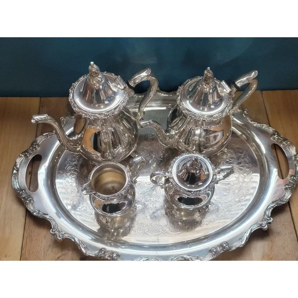 Antique Genuine WALLACE La Reine 1100 Silver Plated Tea/Coffee Set w/ Tray 6 pcs